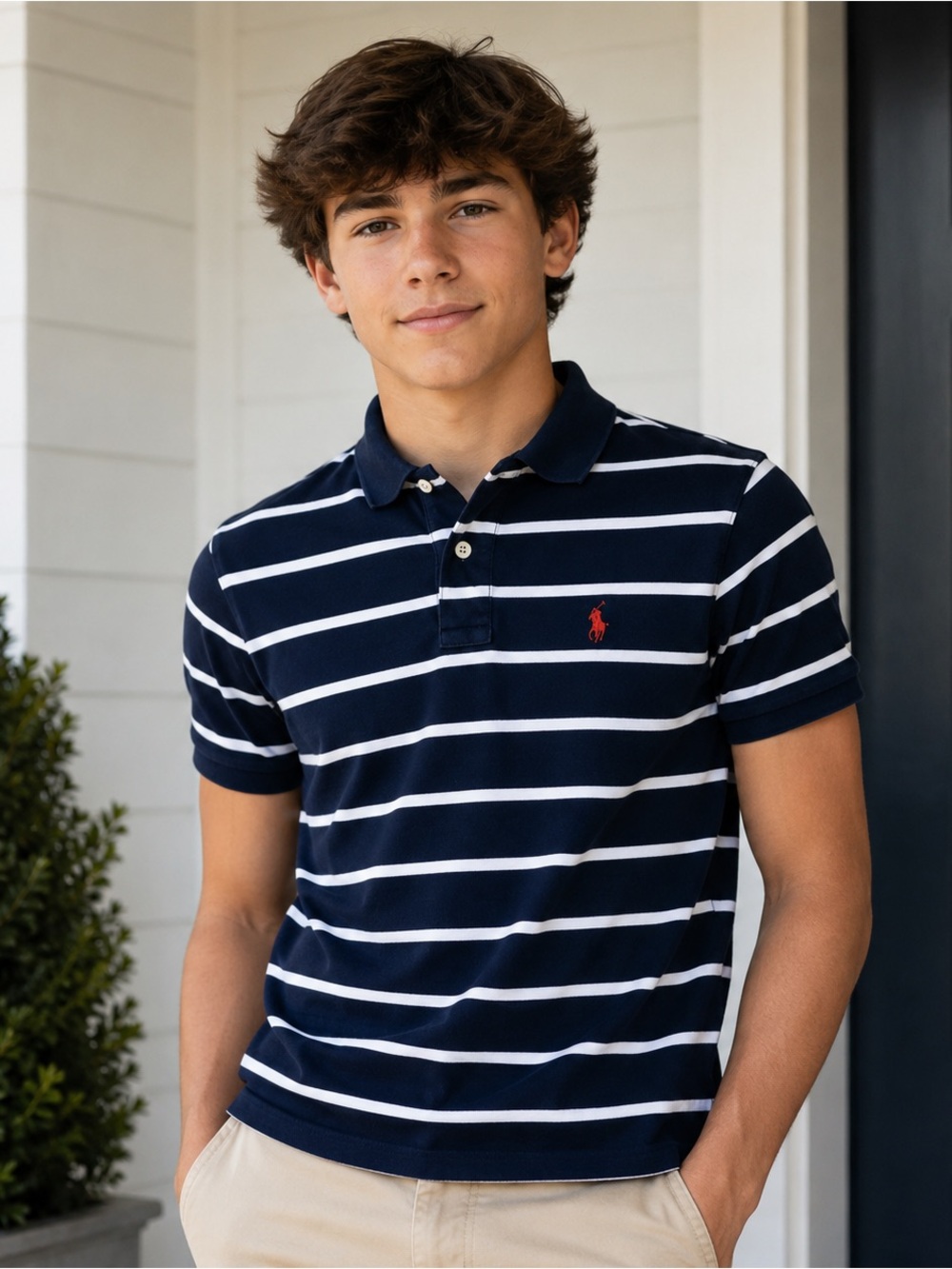 Polo Ralph Lauren Boys Navy White Striped Polo Shirt Red Pony Youth Medium